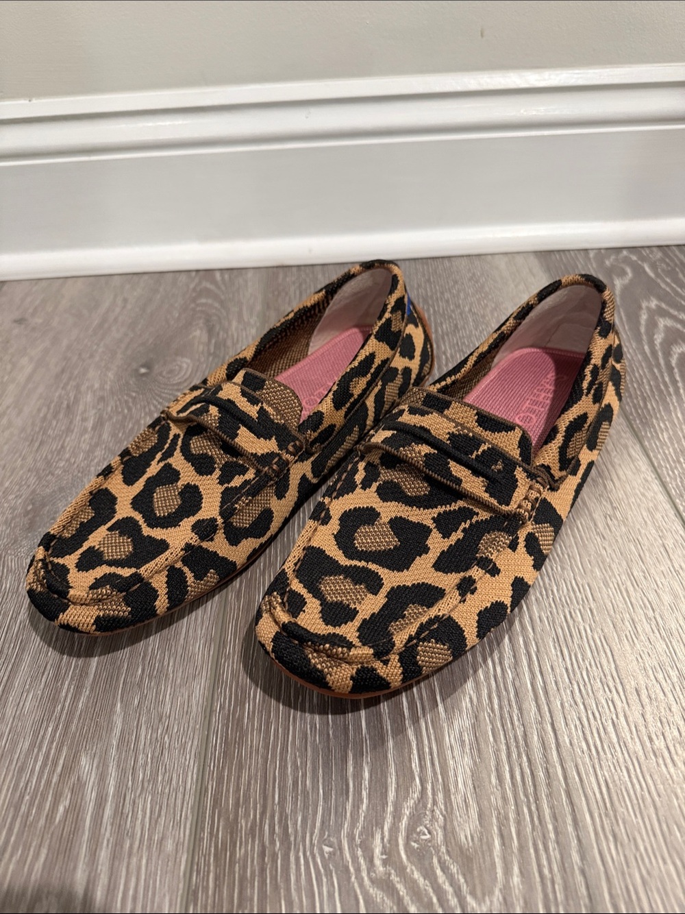 Rothy's Leopard Print Knit Penny Loafers in Tan, Black with Pink Lining - Picture 2 of 5